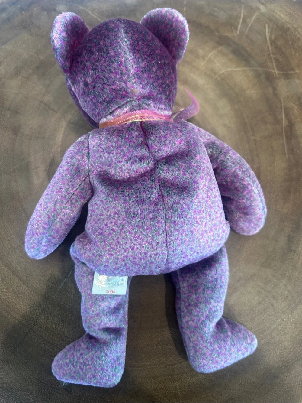 1999 Beanie Baby Style Plush Bear - Pink Purple Tweed Heart